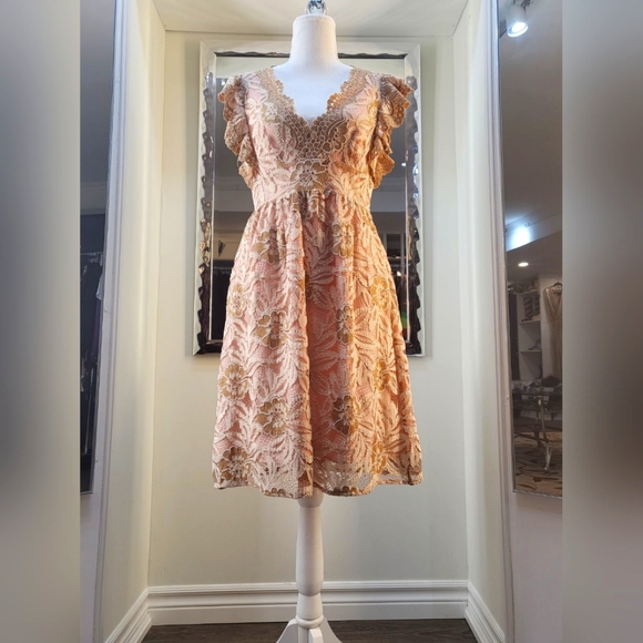 Anna Sui Dresses & Skirts - Anna Sui Gold and pink lace dress